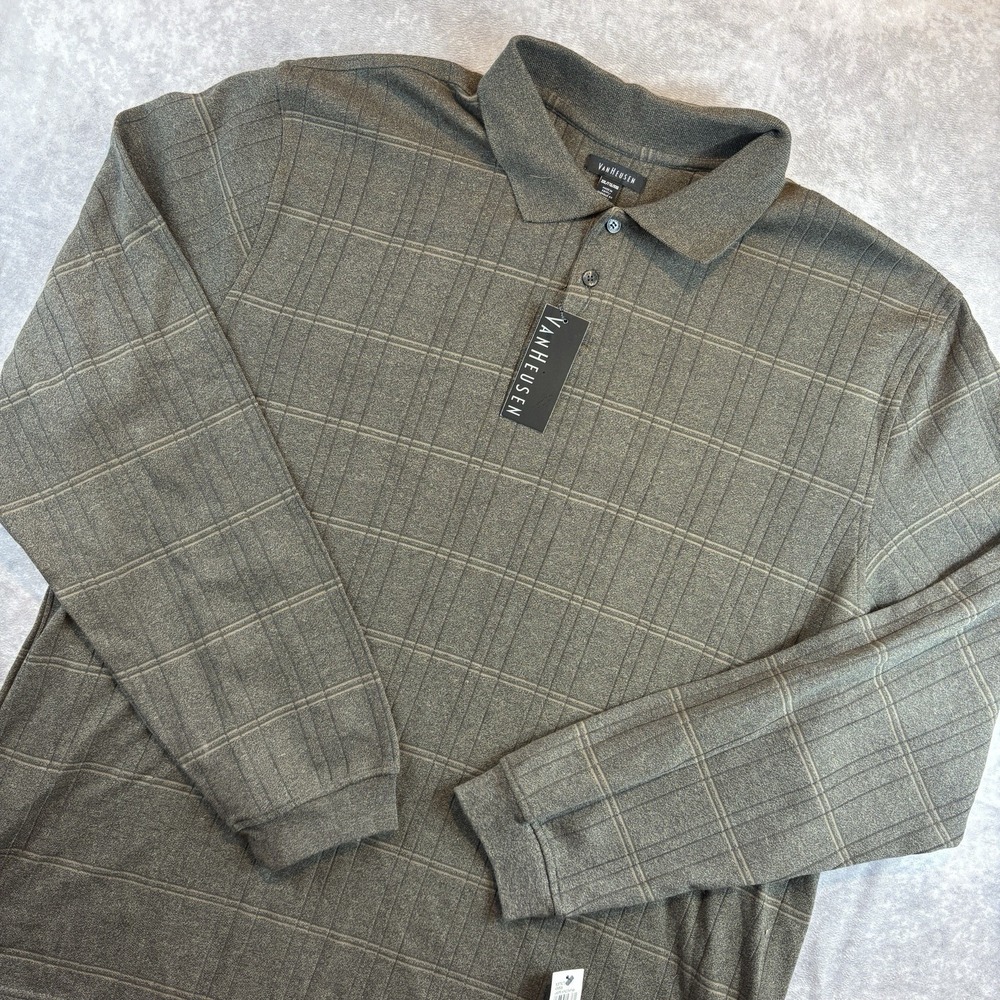 Van Heusen Polo Mens 2XL Brown Sweater Long Sleeve Preppy Workwear Stretch NEW